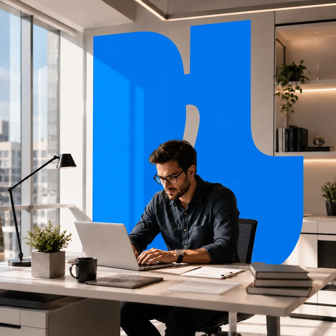 Professional working at a laptop in a modern office, managing emails, calendar and meetings in Microsoft Outlook